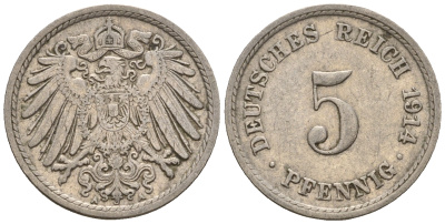 Германия 5 пфеннигов 1914 A, KM 11, J. 12 медно-никель 220-658
