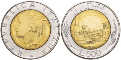 ИТАЛИЯ 500 ЛИР 1987 R, КРИВИНАЛЬСКИЙ ДВОРЕЦ В РИМЕ KM 111 биметалл 4551-544