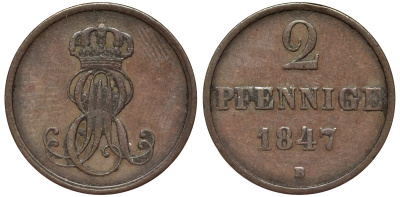 Ганновер 2 пфеннига 1847 B, Эрнст Август (1837-1851) KM 202.1, AKS 124, J. 75 медь 75-1846