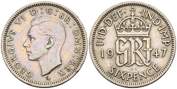 Великобритания 6 пенсов 1947 Георг VI (1936-1952) KM 862, Spink 4105 медно-никель 4588-519