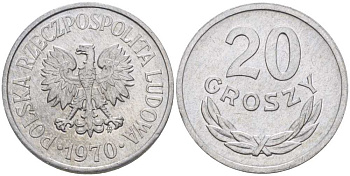 ПОЛЬША 20 ГРОШЕЙ 1970 MW KM А47 алюминий 201-456