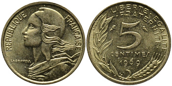 ФРАНЦИЯ 5 САНТИМОВ 1969 ТИП MARIANNE KM 933 медь алюминий никель 176-1221