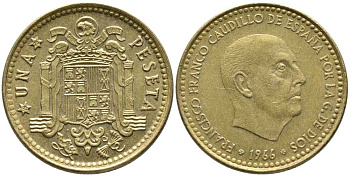 Испания 1 песета 1966 (75) Франциско Франко (1939-1975) КМ 796 алюминиевая бронза 110-1233