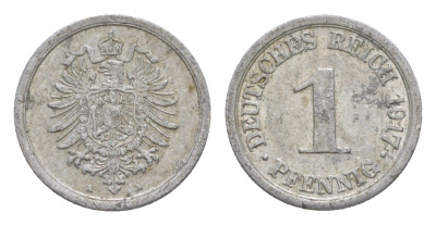 Германия 1 пфенниг 1917 A, Вильгельм II (1888-1918) KM 24, J. 300, Weege 2 алюминий 4639-1153