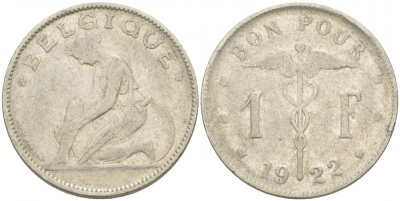Бельгия 1 франк 1922 Belgique, Альберт I (1910-1934) KM 89 никель 261-1231