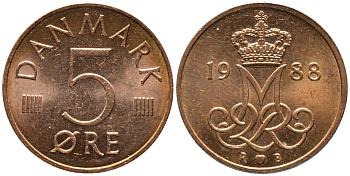 ДАНИЯ 5 ЭРЕ 1988 R; B, МАРГРЕТЕ II (1972-) KM 859.3 железо плакированное медью 4380-148