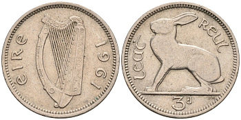 Ирландия 3 пенса 1961 заяц KM 12a медно-никель 92-232