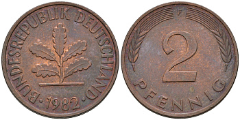 ФРГ 2 ПФЕННИГА 1982 F KM 106a, J.381a сталь плакированная сталь плакированная медьюю 75-446
