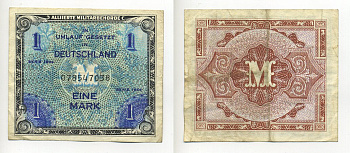 Германия, оккупация союзниками 1 марка 1944 9 цифр, без кода, выпуск СССР Pick 192 b бумага 00-00