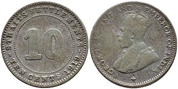 Стрейтс-Сетлментс 10 центов 1919 Георг V (1910-1936) KM 29а серебро 4379-359