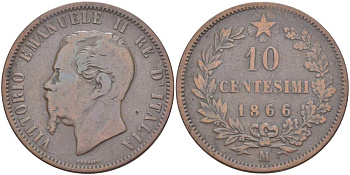 ИТАЛИЯ 10 ЧЕНТЕЗИМО 1866 M, МОНДВОР МИЛАН, ВИКТОР ЭММАНУИЛ II (1861-1878) KM 11.1 медь 4526-741