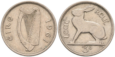 Ирландия 3 пенса 1961 заяц KM 12a медно-никель 92-232