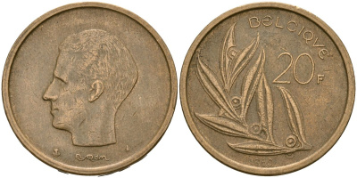 Бельгия 20 франков 1980 Надпись на голландском - 'BELGIE' KM 160 никелевая бронза 4162-746