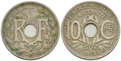 ФРАНЦИЯ 10 САНТИМОВ 1932 ТИП ЛИНДАЙЁ KM 866а медно-никель 77-612