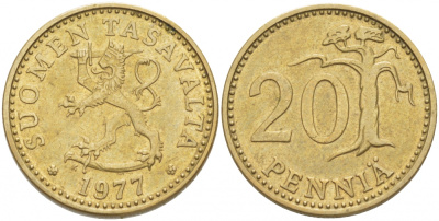 ФИНЛЯНДИЯ 20 ПЕННИ 1977 K KM 47 алюминиевая бронза 3718-634