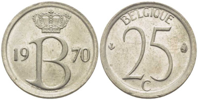 БЕЛЬГИЯ 25 САНТИМОВ 1970 BELGIQUE, БОДУЭН I (1951-1993) KM 153.1 медно-никель 116-954