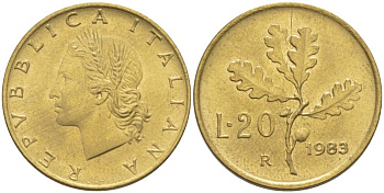 ИТАЛИЯ 20 ЛИР 1983 R, ДУБОВЫЕ ЛИСТЬЯ KM 97.2 алюминиевая бронза 4551-317