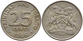 Тринидад и Тобаго 25 центов 1966 герб KM 4 медно-никель 4396-631