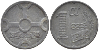 НИДЕРЛАНДЫ 1 ЦЕНТ 1944 ВИЛЬГЕЛЬМИНА I (1891-1948), ГЕРМАНСКАЯ ОККУПАЦИЯ, ВТОРАЯ МИРОВАЯ ВОЙНА KM 170 цинк 4532-1145