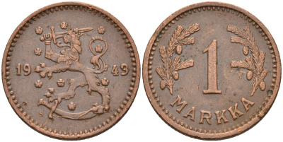 Финляндия 1 марка 1943 республика (1918-1962) KM 30а медь 4591-317