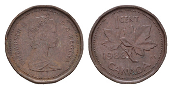 Канада 1 цент 1988 Елизавета II (1952-2022), кленовый лист KM 132 бронза 4611-545