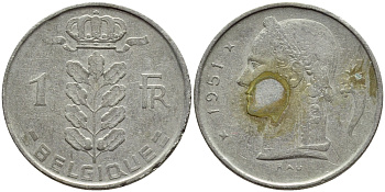 БЕЛЬГИЯ 1 ФРАНК 1951 BELGIQUE KM 142.1 медно-никель 4395-514