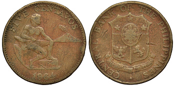 ФИЛИППИНЫ 5 СЕНТАВО 1964 KM 187 латунь 4182-244