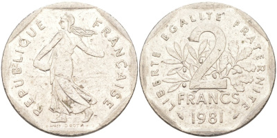 Франция 2 франка 1981 KM 942.1 никель 63-637