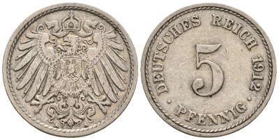 Германия 5 пфеннигов 1912 A, KM 11, J. 12 медно-никель 220-637