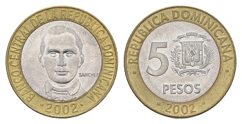 Доминиканская Республика (Доминикана) 5 песо 2002 Санчес KM 89 биметалл aUNC 4519-224