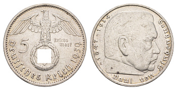 Германия 5 рейхсмарок 1939 A, Гинденбург, символика KM 94 серебро 1518-925