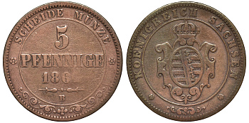 САКСОНИЯ 5 ПФЕННИГОВ 1864 В KM 1218 медь 75-722