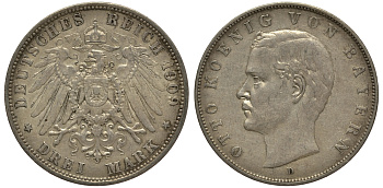 Бавария 3 марки 1909 Отто (1886-1913) Weege 45, J. 47, KM 515 серебро 3711-1931