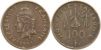 Французская Новая Каледония 100 франков 1991 хижина среди сосен и пальм, (IEOM) KM 15, Schoen 16, Lec 136 никель латунь 4140-415