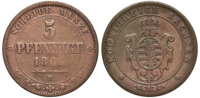 Саксония 5 пфеннигов 1864 B, Иоганн (1854-1873) KM 1218 медь 4681-1222