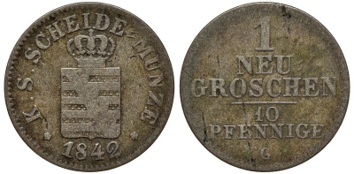 Саксония 1 новый грош - 10 пфеннигов 1842 Фридрих Август II (1797-1854) KM 1159, J. 82 серебро 75-124