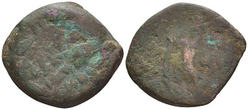 Иудея, династия Хасмонеев прута 64 - 40 гг. до н.э. Иоанн Гиркан II, легенда на иврите в пять строк 'Иоханан, Первосвященник и Глава Синедриона' в венке / два рога изобилия, гранатовый плод, Иерусалим Hendin 1159 медь 1073-20-113