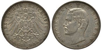 Бавария 3 марки 1910 Отто (1886-1913) Weege 45, J. 47, KM 515 серебро 3711-1935
