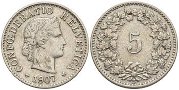 ШВЕЙЦАРИЯ 5 РАППЕНОВ 1907 В KM 26 медно-никель 4532-915