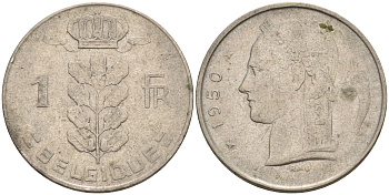 Бельгия 1 франк 1950 BELGIQUE, первый год KM 142.1 медно-никель 4592-517