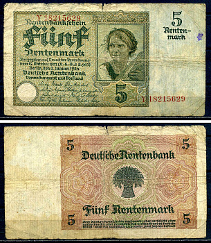 Германия 5 рейхсмарок 1926 8 цифр в серии Pick 169 (2) бумага 8621-50-3-2