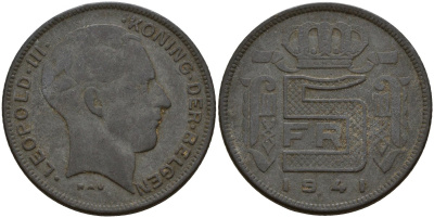 Бельгия 5 франков 1941 DES BELGEN, Леопольд III (1934-1947) KM 129 цинк 4161-914