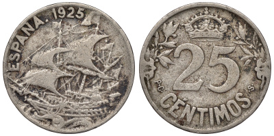 Испания 25 сентимо 1925 парусник, РС-S, год тип KM 740 медно-никель    4116-647
