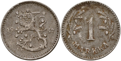 Финляндия 1 марка 1947 S KM 30b железо 4580-1264