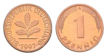 Германия 1 пфенниг 1997 A, в запайке KM 105, J.380 сталь плакированная медью PROOF 4116-1022