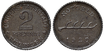 Германия, Тюбинген 2 пфеннига 1920 нотгельд Funck 551.10 железо 4118-1023