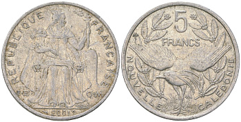 Французская Новая Каледония 5 франков 2001 птица кагу, (IEOM) KM 16, Schoen 12, Lec 81f алюминий 189-445