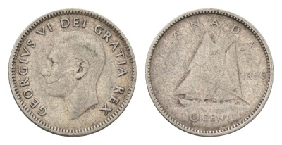 Канада 10 центов 1950 Георг VI (1936-1952), парусник KM 43 серебро 99-644
