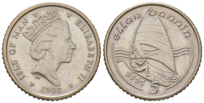 Остров Мэн 5 пенсов 1990 Елизавета II (1952-2022) KM 209.2 медно-никель aUNC 4618-568