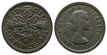 Великобритания 6 пенсов 1956 Елизавета II (1952-2022) KM 903, Spink 4149 медно-никель 4381-654